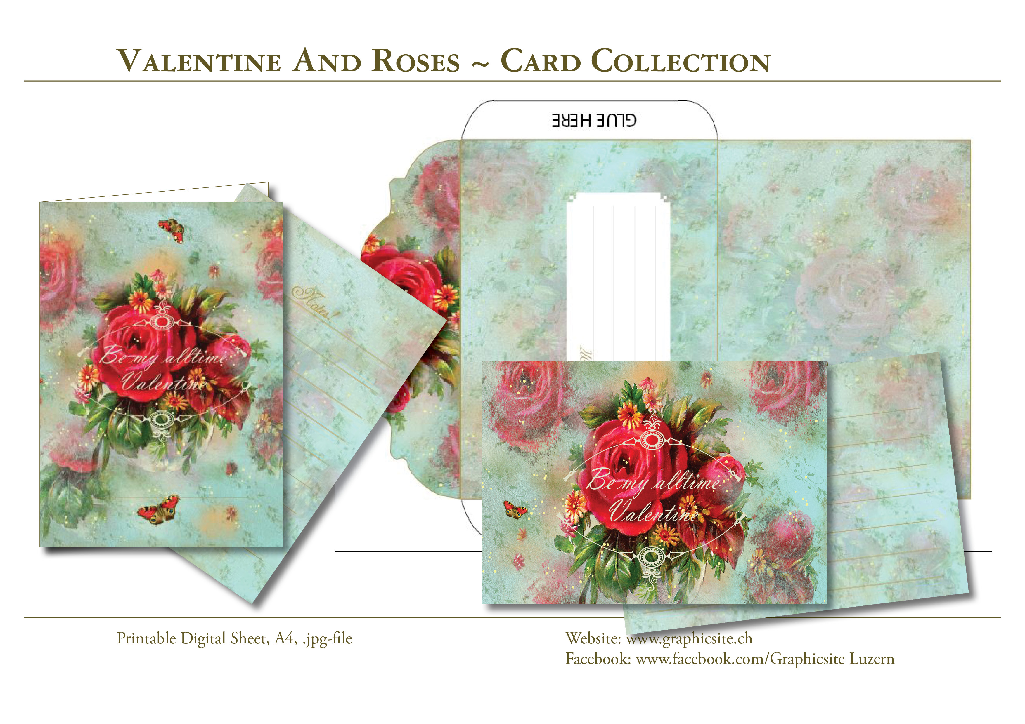 Printable Digital Sheets - DIN A Collection - Valentine And Roses - #cards, #greetingcards, #valentinecards, #envelope, #love, #wedding, #engagement,